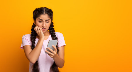 Worried scared indian woman looking at phone seeing bad news