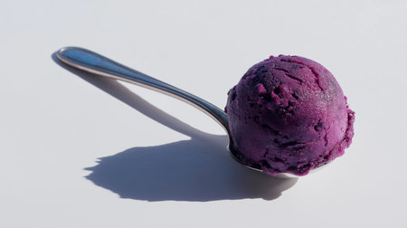 A creamy scoop of purple ice cream sits in a silver spoon, highlighting its rich color and textureの素材