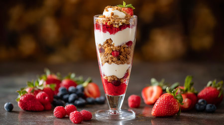 Enjoy a colorful dessert made with yogurt, mixed berries, and granola, perfect for hot weatherの素材