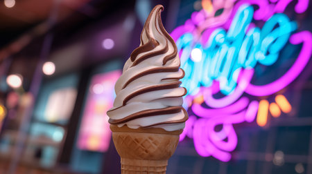 A gorgeous chocolate-vanilla ice cream cone stands before a vibrant cafe backdropの素材