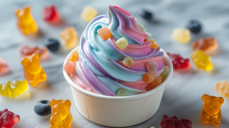 Soft serve ice cream in swirls of blue and pink is adorned with vibrant gummy candiesの素材