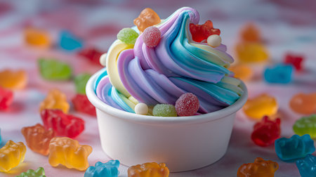 Colorful candy tops delicious swirl ice cream, surrounded by gummy shapes on a vibrant backdropの素材