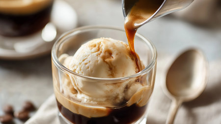 Hot coffee cascades over creamy vanilla ice cream in a dessert cup during a relaxed cafe visitの素材
