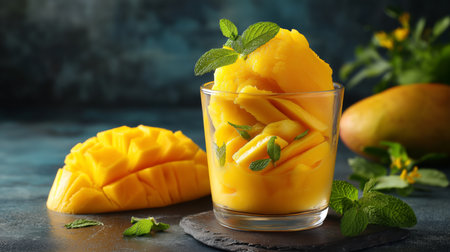 Slices of fresh mango alongside a glass filled with mango puree and mint leavesの素材
