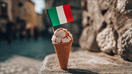 A delicious ice cream cone with whipped cream and an Italian flag sits against a picturesque streetの素材
