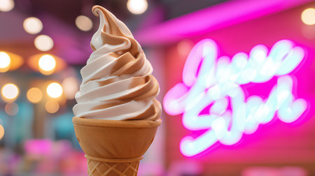 A soft serve cone featuring a swirl of chocolate and vanilla is served at a lively dessert shopの素材