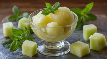 Creamy sorbet made from fresh melon and mint, beautifully arranged with mint leaves and melon cubesの素材