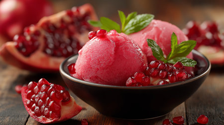 Bright pink pomegranate sorbet is beautifully presented with fresh mint and pomegranate seedsの素材