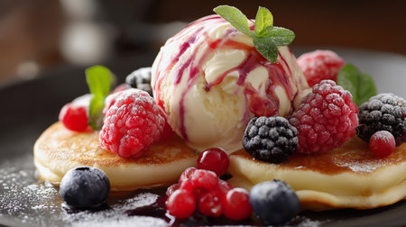 Pancakes served with ice cream and a variety of fresh berries on a dark plateの素材