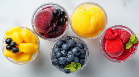 Five clear cups hold vibrant fruit sorbets including mango, raspberry, blueberry, and moreの素材