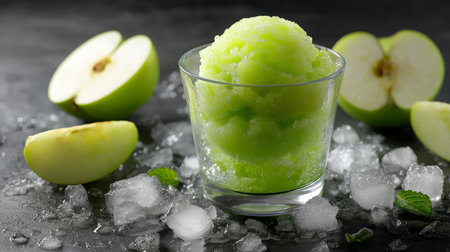 Green apple sorbet is elegantly presented in a glass with fresh apple slices and ice nearbyの素材