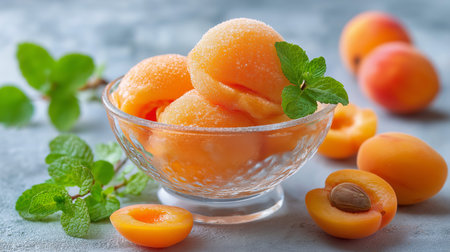 Apricot sorbet in a glass bowl with mint, surrounded by ripe apricots on a blue surfaceの素材