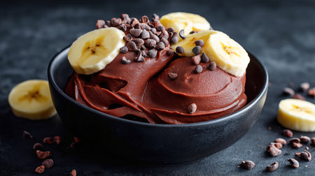 A creamy chocolate banana dessert topped with cacao nibs and fresh banana slicesの素材