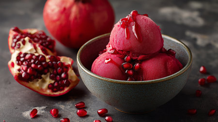 Pomegranate sorbet is garnished with seeds and accompanied by whole, sliced fruitの素材