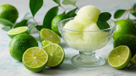 A bowl of refreshing lime sorbet is surrounded by cut and whole limes, creating a vibrant displayの素材