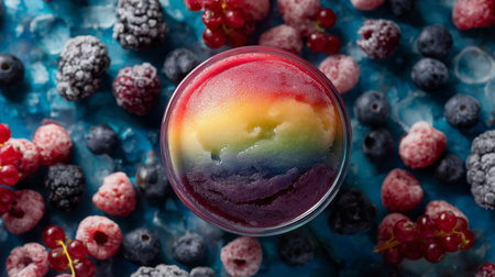 A delightful rainbow sorbet is surrounded by a variety of fresh berries on a blue surfaceの素材