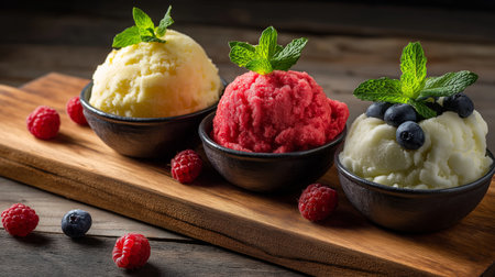 Three bowls of vibrant sorbet in assorted flavors arranged on a wooden board with fresh fruitの素材