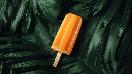 A colorful popsicle rests on deep green leaves, offering a refreshing tropical contrastの素材