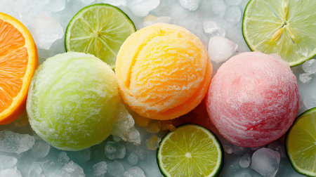 Brightly colored sorbet scoops nestled in ice with fresh citrus fruits arranged around themの素材
