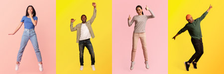 Four individuals express excitement and happiness in full-length jumps