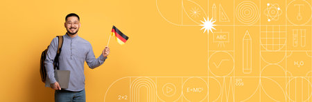 Student with German flag studies against a vibrant yellow backgroundの写真素材