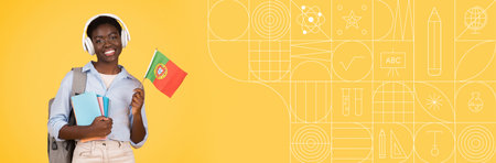 Student engaging in education with books and flag in vibrant settingの写真素材