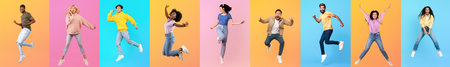 Joyful moments of diverse people jumping together in a vibrant collageの写真素材
