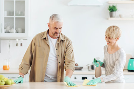 House cleaning, self-isolation, household chores together, disinfects homeの写真素材