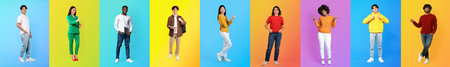 Diverse group of individuals posing confidently against colorful backgrounds