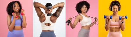 Diverse women displaying athleticism in a gym settingの写真素材