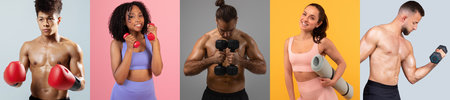 Athletes showcasing diverse fitness activities in a vibrant collageの写真素材