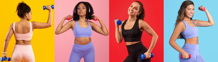 Diverse group of women showcasing strength and fitness in colorful gym attireの写真素材