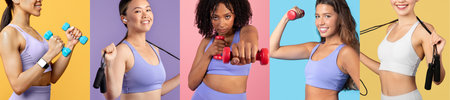 Athletes showcasing fitness routines with weights in vibrant gym settingの写真素材