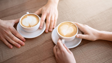 Cropped view of young couple having coffee with heart shaped foam at table in cafeの写真素材