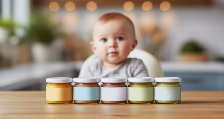 Colorful Baby Food Jars on Countertop With Baby in High Chair, Cozy Kitchen Setting Generative AIの素材