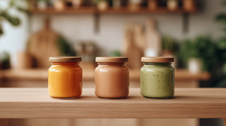Colorful Trio of Baby Food Jars Arranged on a Wooden Shelf in a Cozy Kitchen Generative AIの素材