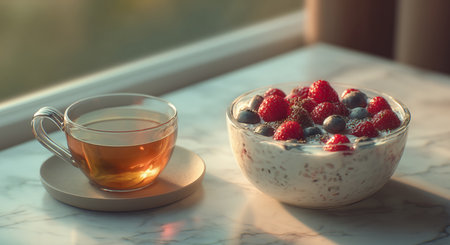 Delicious Healthy Breakfast of Greek Yogurt With Berries and Tea on Marble Surface Generative AIの素材