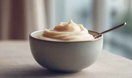 Creamy Banana Puree Served in a Ceramic Bowl on a Neutral-Toned Table Generative AIの素材