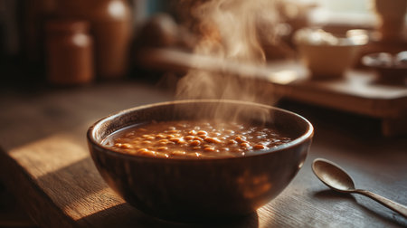 Lentil Soup in a Steaming Bowl Placed in a Cozy Kitchen With Rustic Decor Generative AIの素材