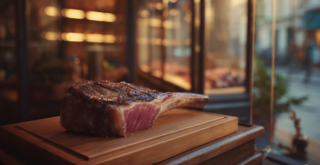 Thick Tomahawk Steak Displayed in a Stylish Butcher Shop With Warm Lighting Generative AIの素材