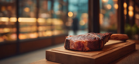 Photorealistic Tomahawk Steak on Wooden Block in Stylish Butcher Shop Interior Generative AIの素材
