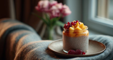 Chia Pudding With Almond Milk is Layered With Mango and Berries, Beautifully Arranged in a Glass Jarの素材