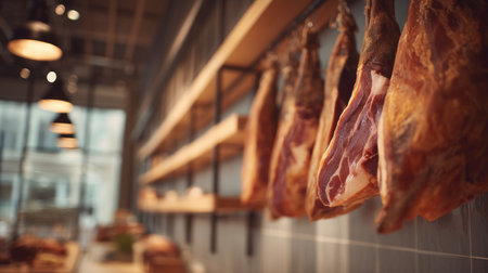 Visual Display of Smoked Meat Cuts in a Modern Meat Shop Interior Generative AIの素材