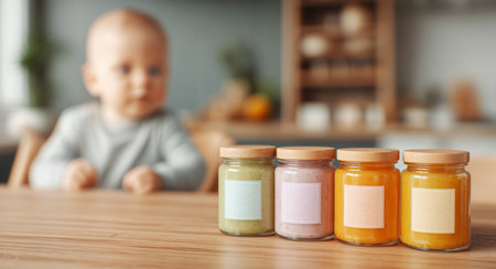 Baby Food Jars in Cozy Kitchen With Blurred Baby in High Chair Generative AIの素材
