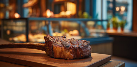Thick Tomahawk Steak Presented on Wooden Block at Stylish Butcher Shop Generative AIの素材