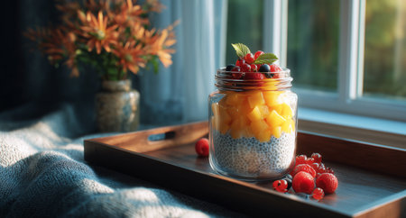Chia Pudding With Almond Milk Layered With Mango and Berries on a Cozy Breakfast Tray Generative AIの素材