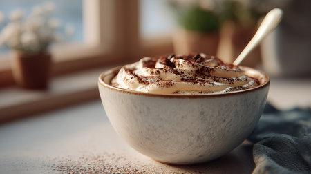 Creamy Tiramisu Dessert in a Cozy Kitchen With Soft Daylight and a Spoon Generative AIの素材