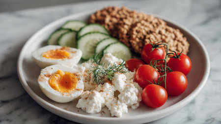 Healthy Modern Breakfast Plate With Cottage Cheese, Vegetables, and Crackers Generative AIの素材