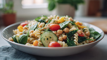 Healthy Light Pasta Salad With Chickpeas and Vegetables in a Modern Kitchen Setting Generative AIの素材