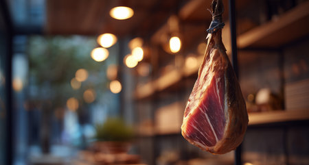 Photorealistic Jamon Ham Hanging in a Modern Deli With Gourmet Ambiance Generative AIの素材